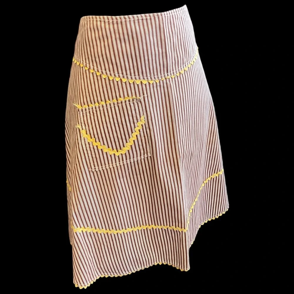 Vintage Apron Handmade Pocket Brown Candy‎ Stripe Yellow Rick Rack